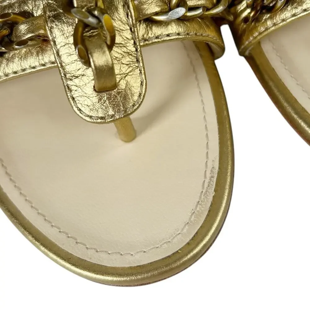 CHANEL Gold Metallic Leather Chain Accent Interlocking CC Flat Sandals